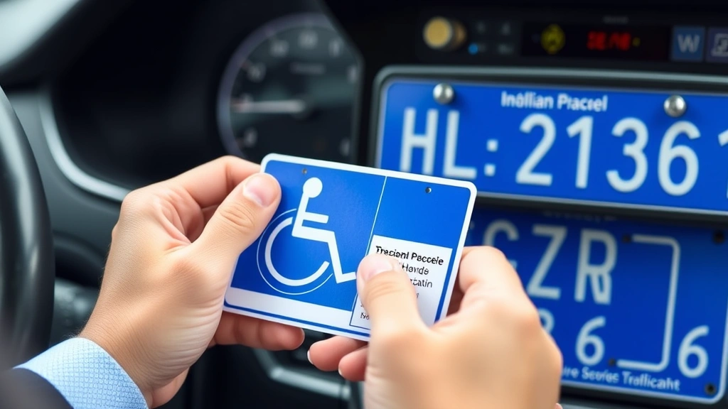 Close-up of hands holding official handicap placard and blue license plate, vehicle dashboard, professional documentation sty