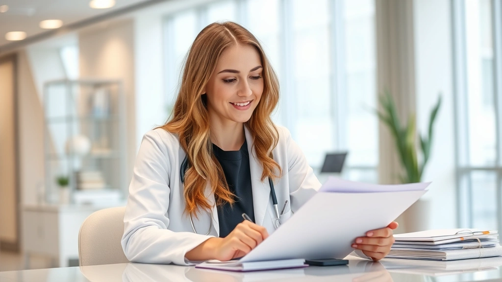 Professional female doctor in white coat reviewing medical documents at desk, compassionate expression, modern clinic office