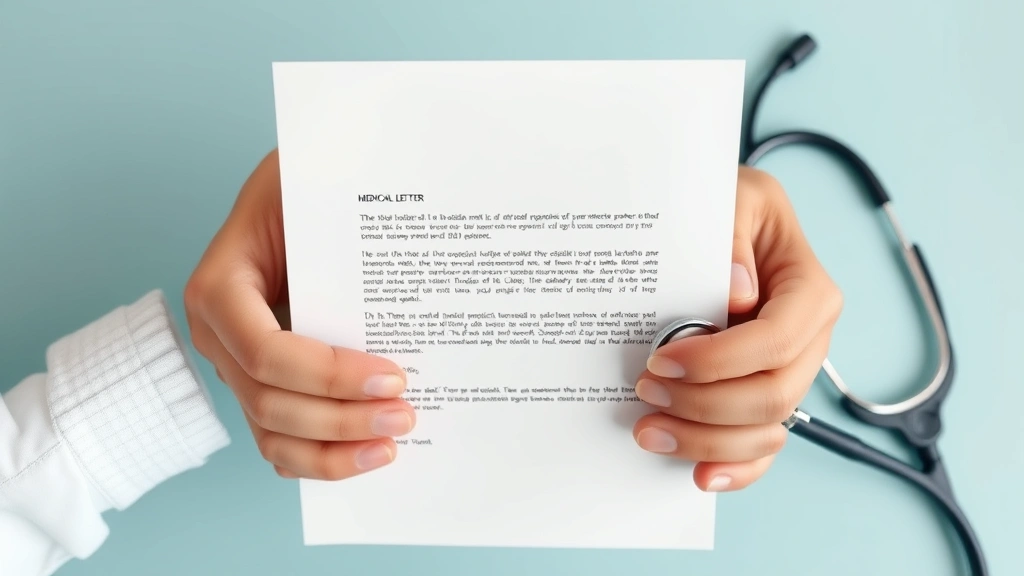 Close-up of hands holding official medical letter on letterhead with stethoscope nearby, professional healthcare documentatio