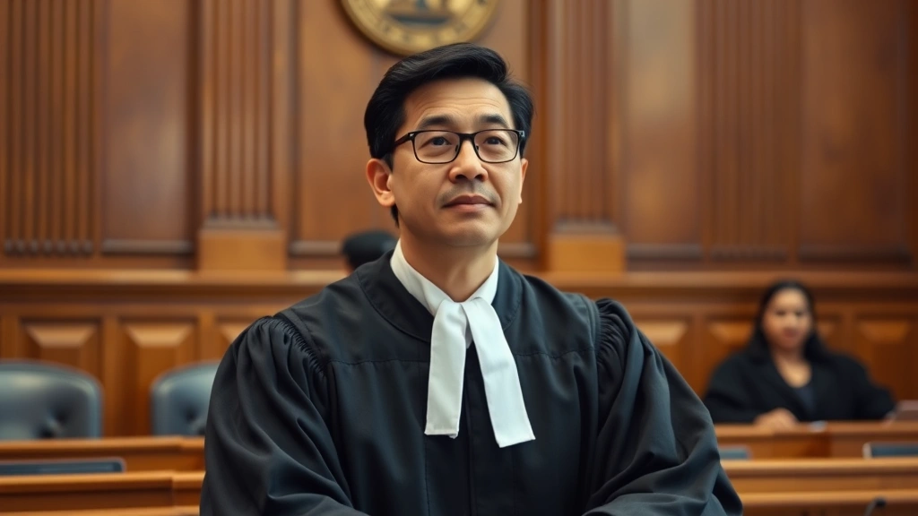 Diverse judge in courtroom wearing black robes at bench, fair and thoughtful expression, judicial setting with wooden furnitu