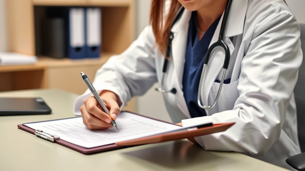 Healthcare provider writing medical documentation at desk with stethoscope and clipboard, professional office setting