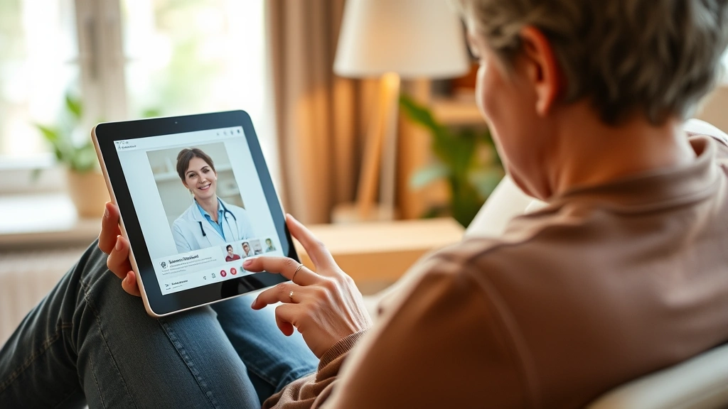 Person with chronic condition receiving telehealth consultation on tablet at home with medical records visible