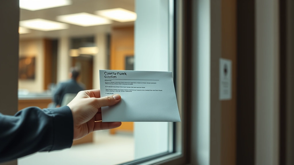 Diverse individual submitting sealed envelope with medical documentation to courthouse clerk window