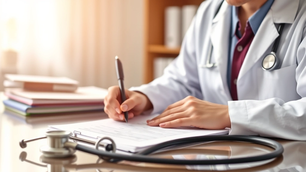 Healthcare provider in white coat writing medical documentation at desk with patient file visible, warm office lighting, stet