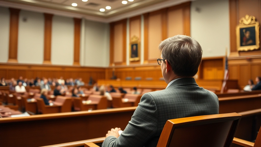 Person sitting in courtroom gallery observing proceedings from safe distance, natural courthouse lighting, respectful formal