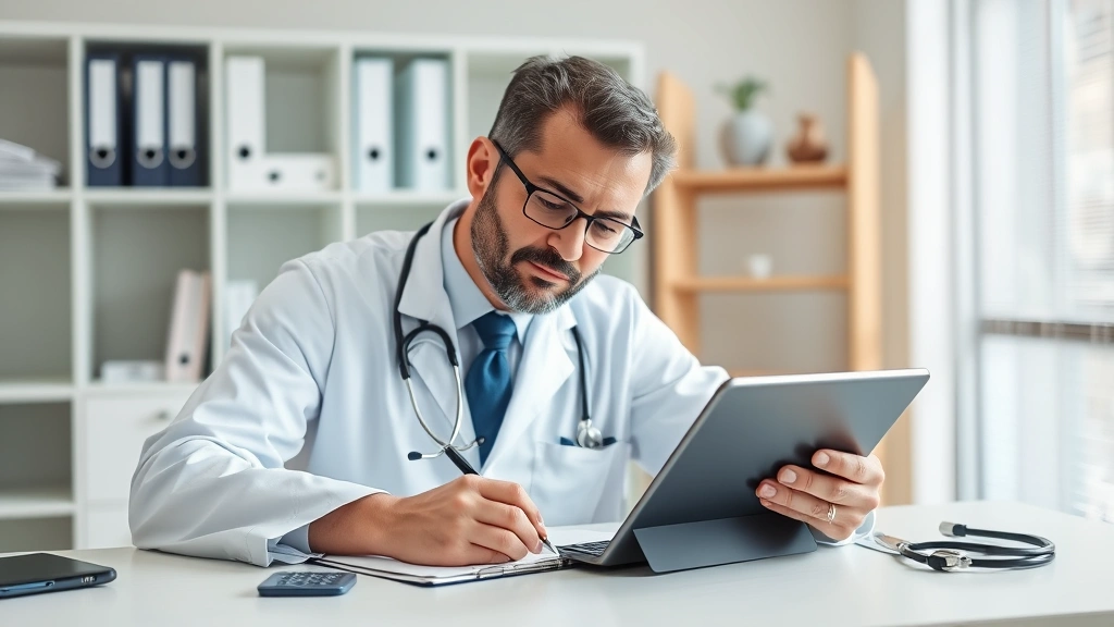 Doctor in white coat writing medical notes at desk with stethoscope and tablet nearby, professional healthcare office setting