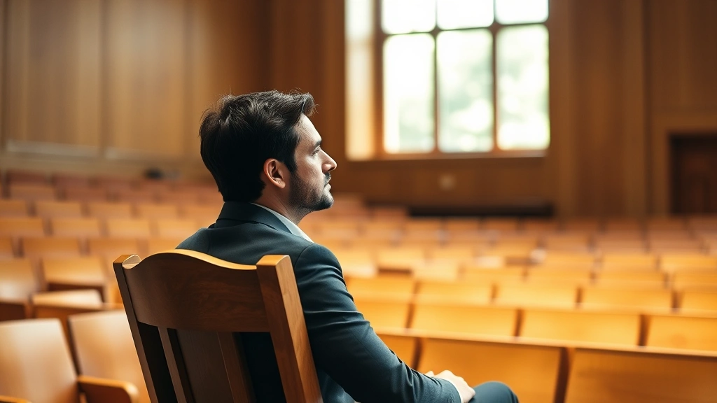 Person sitting in courtroom wooden chair looking thoughtful, bright natural light from windows, neutral professional environm