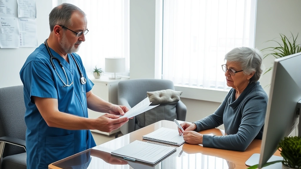 Healthcare provider discussing documents with patient in comfortable clinical office, both looking at paperwork on desk toget
