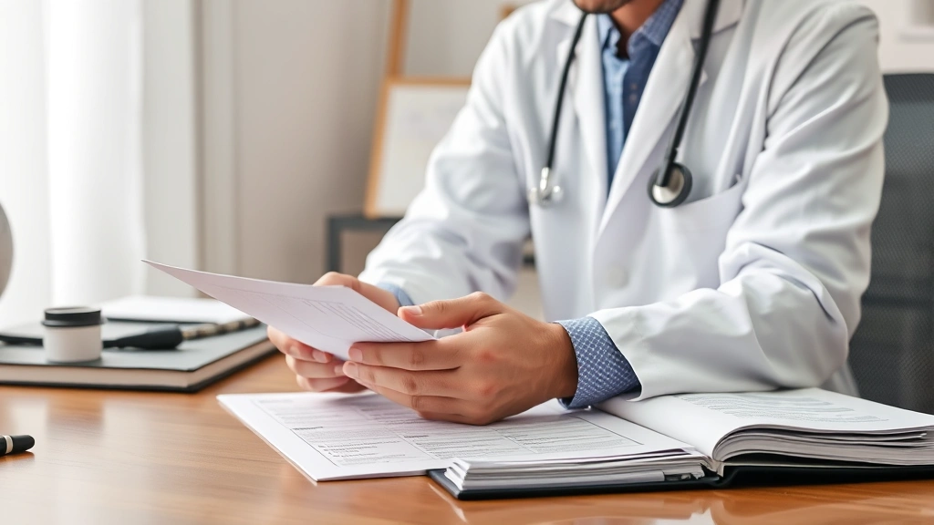Doctor in white coat reviewing medical documents at desk with patient file