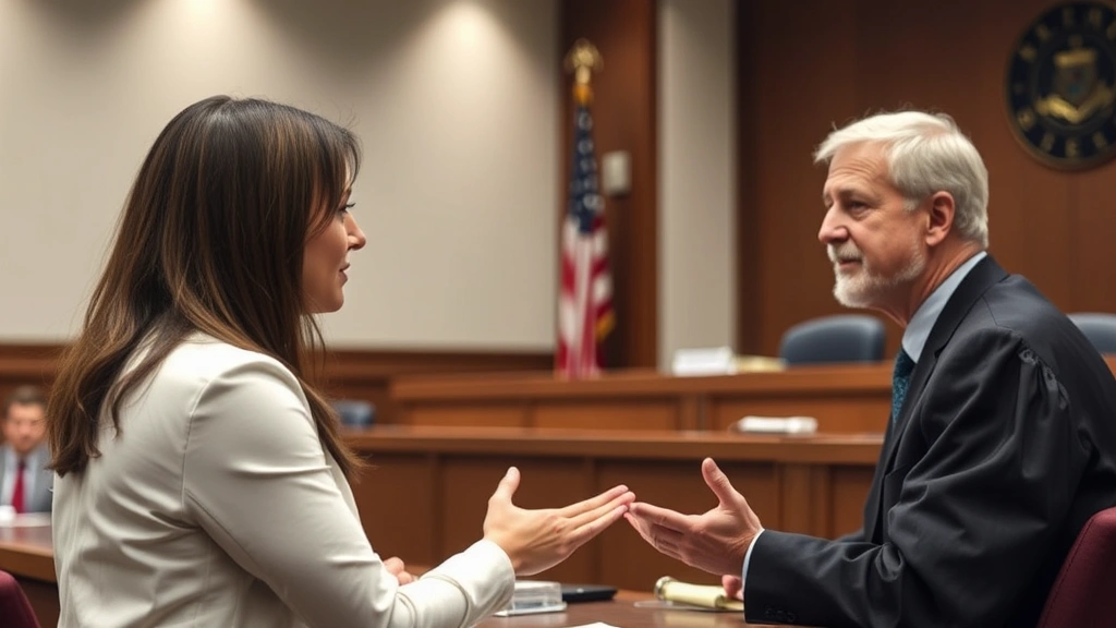 Person speaking with judge in courtroom professional setting discussing accommodations