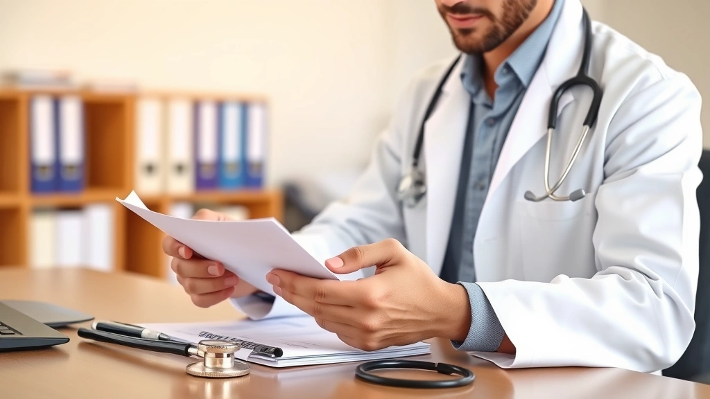 Doctor in white coat reviewing medical documents at desk with stethoscope nearby, professional healthcare setting with soft n