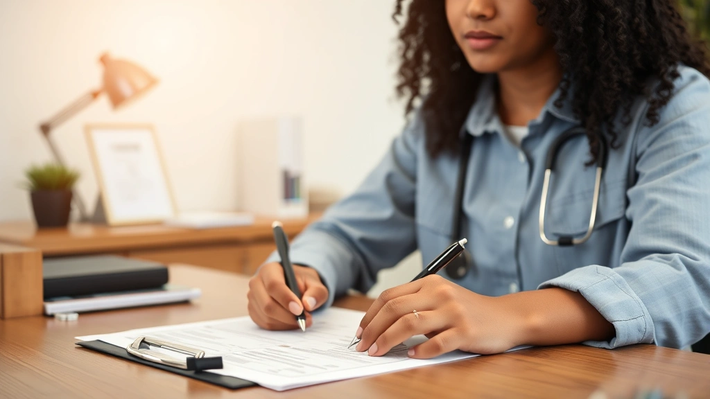 Person with diverse background sitting at table with medical folder and pen, preparing jury duty exemption paperwork, calm of