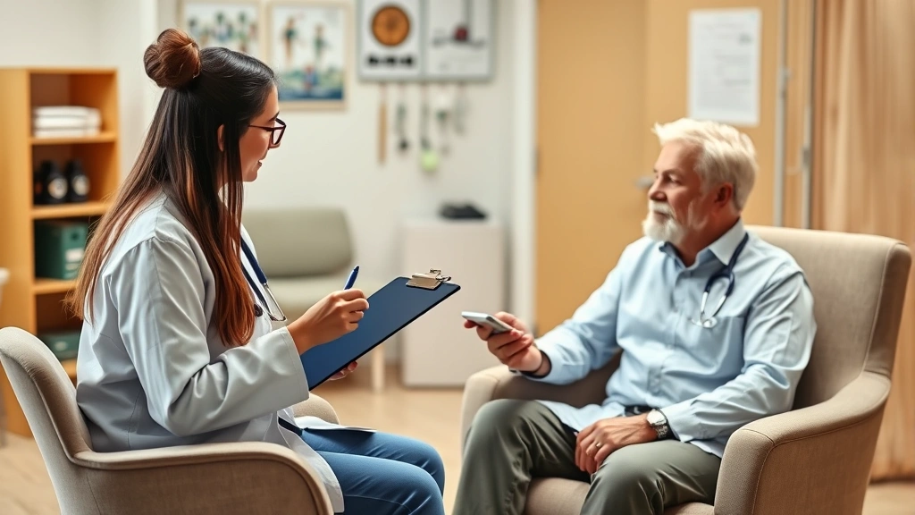 Healthcare provider writing notes on clipboard while patient sits in comfortable chair, discussing medical conditions, warm m