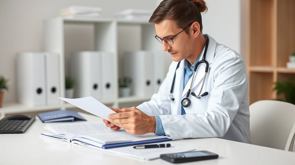 Healthcare professional in white coat reviewing medical documents at desk with stethoscope
