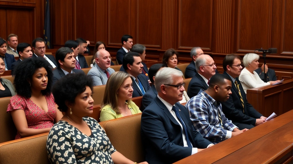 Diverse group of people sitting in courthouse jury box during legal proceeding