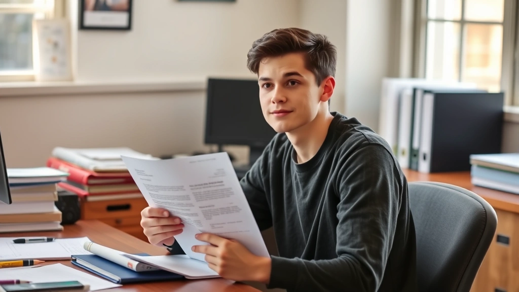 Student sitting at desk with medical documents and jury summons letter, thoughtful expression, natural office lighting