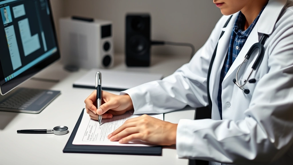 Healthcare provider in white coat writing medical documentation at desk with stethoscope and computer visible