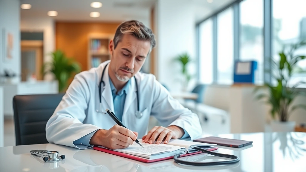 Doctor writing medical notes at desk with stethoscope and clipboard in modern clinic office