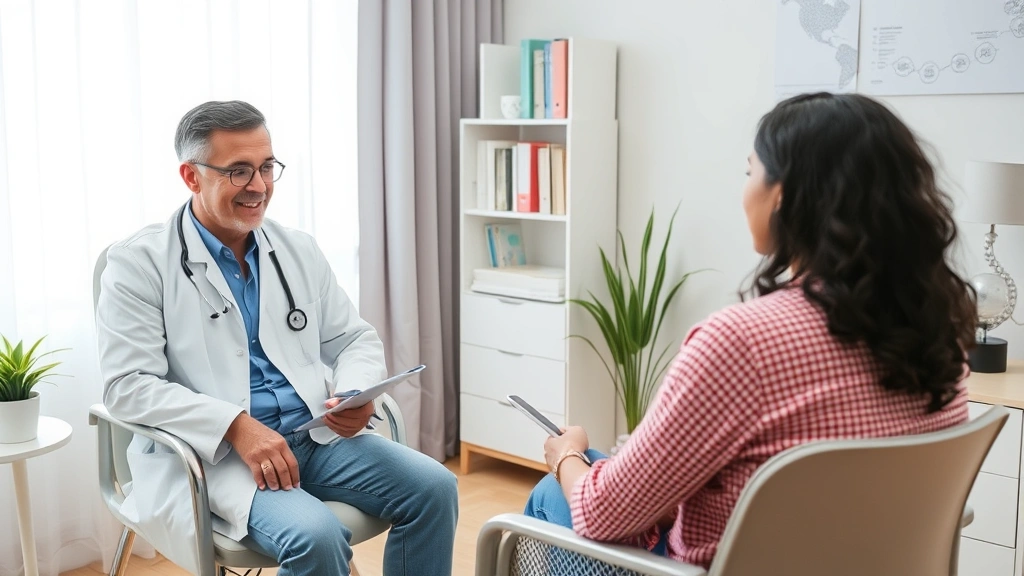 Patient sitting in doctor's office during consultation discussion about medical accommodation