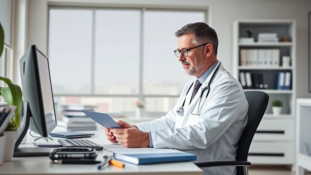 Doctor in white coat reviewing medical documents at desk in bright clinical office