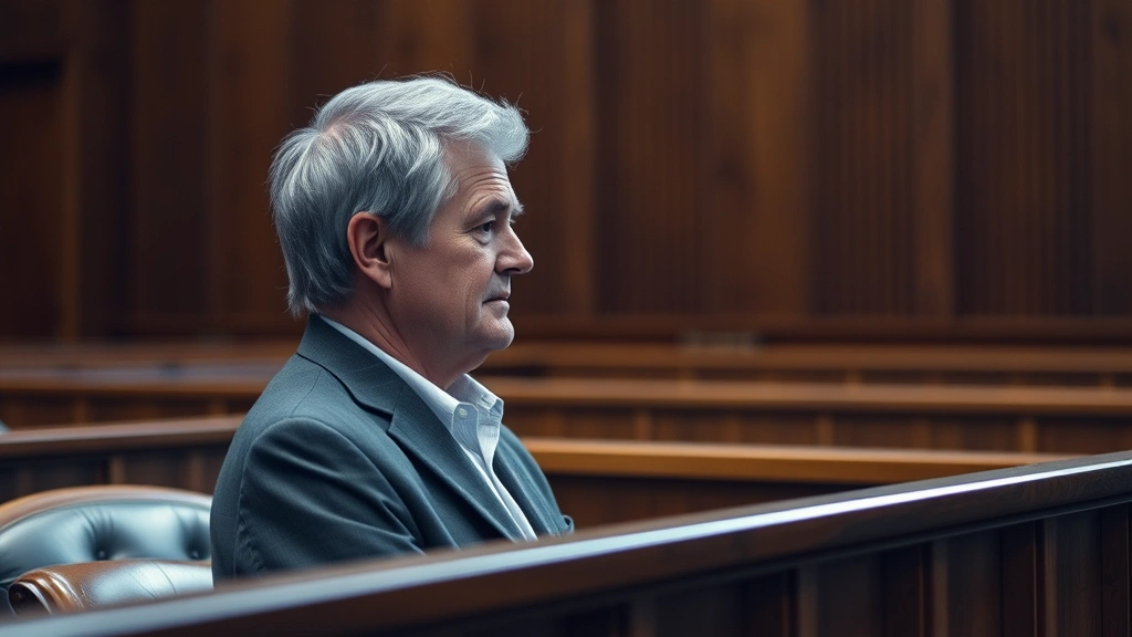 Middle-aged person with gray hair sitting in jury box courtroom wooden setting