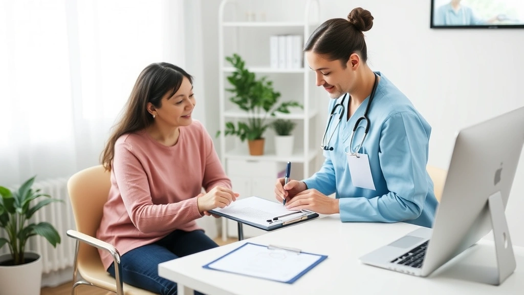 Healthcare provider writing notes on clipboard while patient sits across from desk