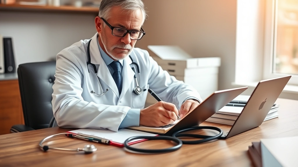 Professional doctor sitting at wooden desk writing medical notes with stethoscope nearby, natural daylight from window, focus