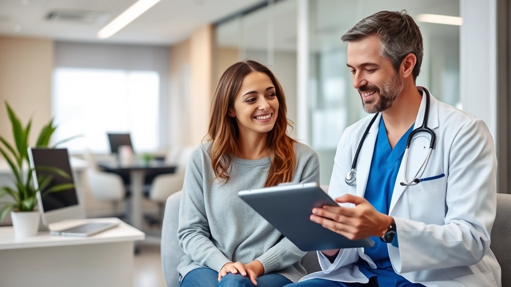 Patient consulting with healthcare provider in clinical office, doctor holding tablet showing test results, compassionate int