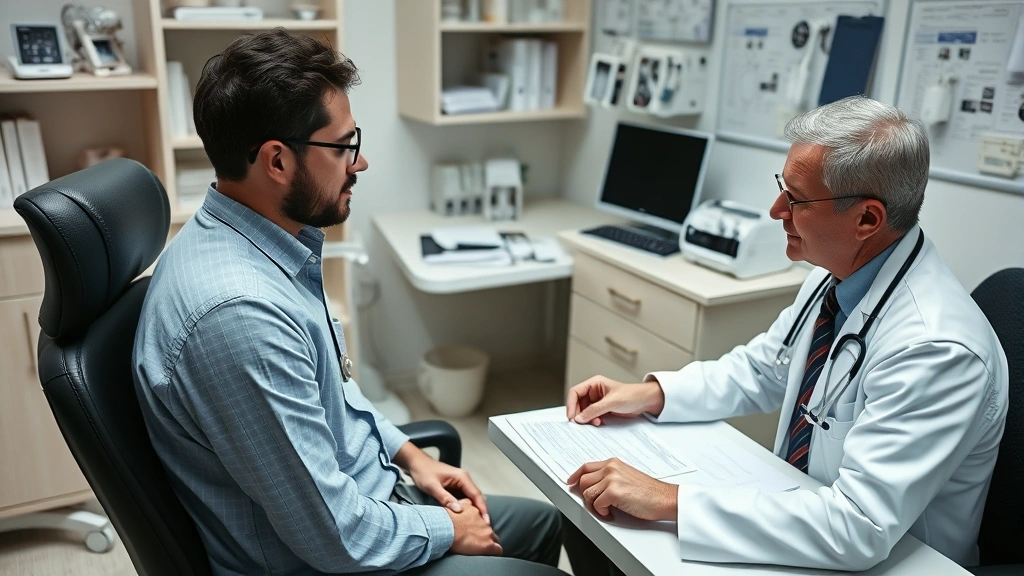 Patient sitting in doctor's office during medical consultation, physician reviewing health records on desk, professional heal