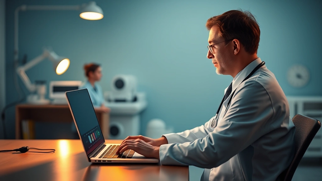 Professional healthcare provider conducting video consultation on laptop, warm lighting, patient visible on screen, medical s