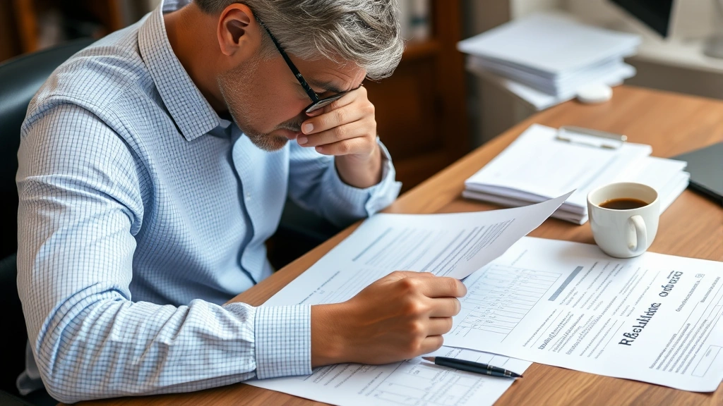 Patient sitting at desk reviewing official court documents and medical paperwork, thoughtful expression, organized workspace