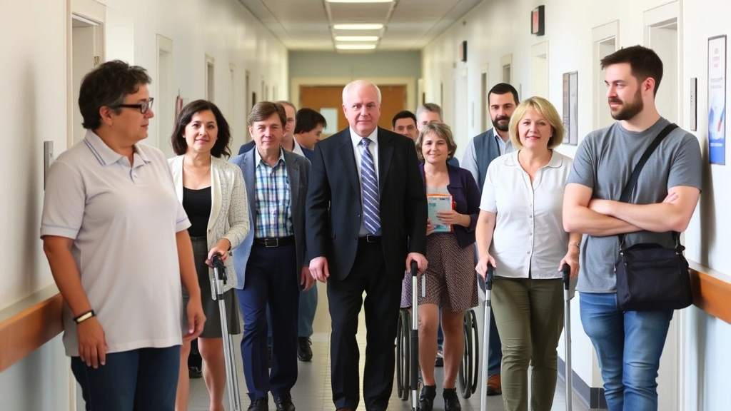 Diverse people in courthouse hallway, some standing with mobility aids, accessible facilities visible, natural daylight, incl