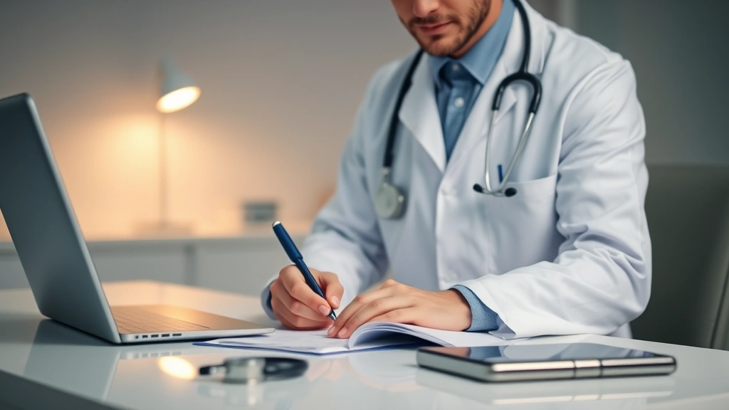 Doctor in white coat writing medical documentation on office desk with stethoscope and tablet nearby, professional clinical s