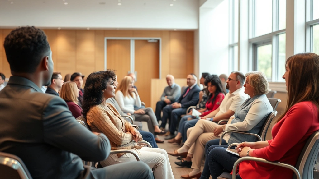 Diverse group of people sitting in modern courthouse waiting area with accessible seating and natural light, calm professiona