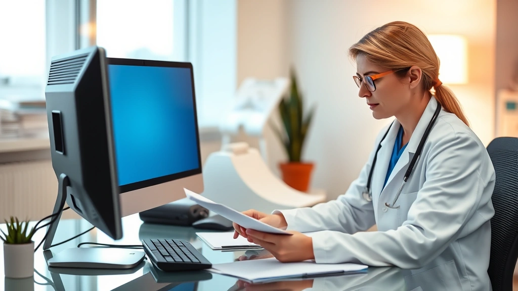 healthcare provider in white coat reviewing medical documents at desk with computer, professional office setting, warm lighti