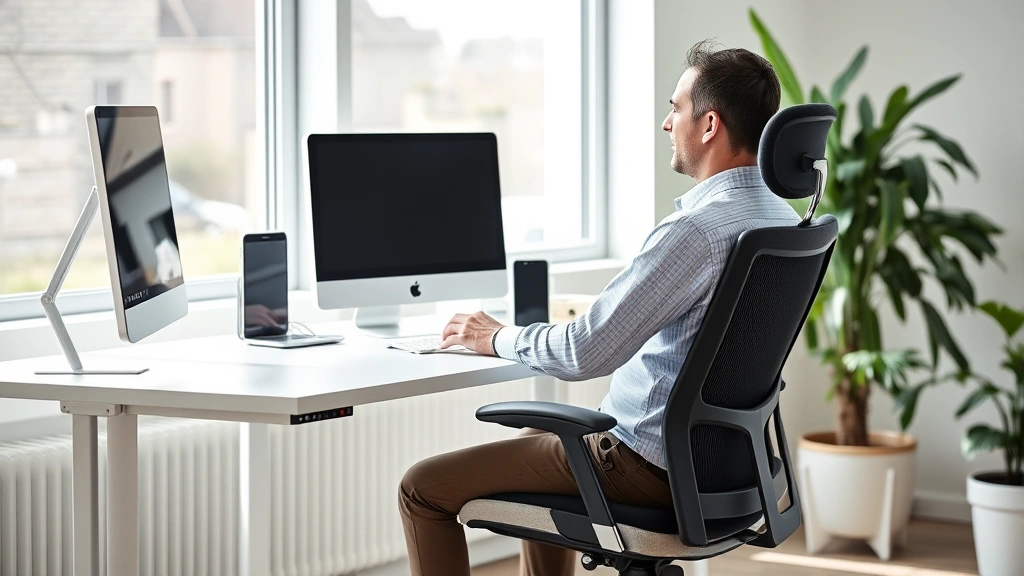 employee at ergonomic workstation with adjustable desk and supportive chair, natural office environment, daytime lighting