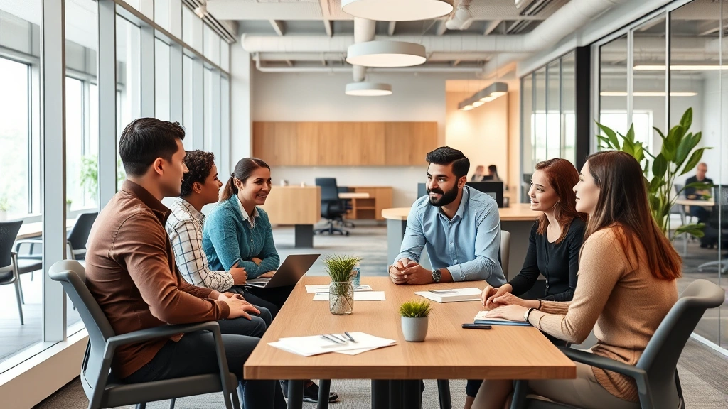 diverse professionals in accessible office space having collaborative meeting, inclusive workplace design, bright modern offi