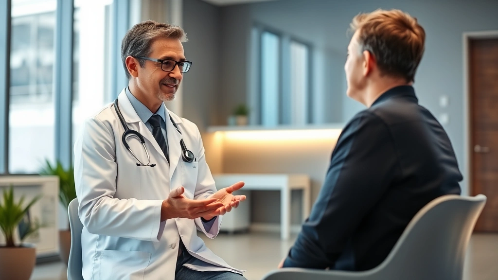 Professional healthcare provider in white coat speaking with patient during medical consultation in modern clinic office sett