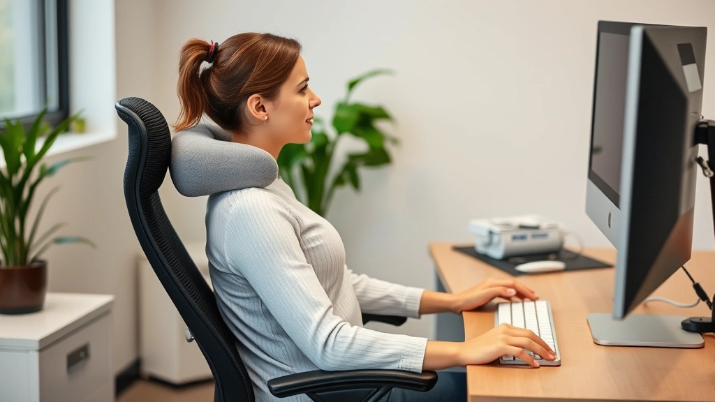 Person at ergonomic workstation with proper posture demonstrating comfortable seated position with supportive lumbar pillow a