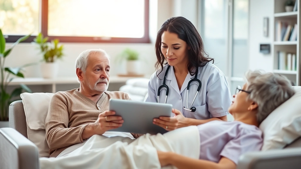 Medical professional reviewing patient records on tablet while patient relaxes in comfortable healthcare facility environment