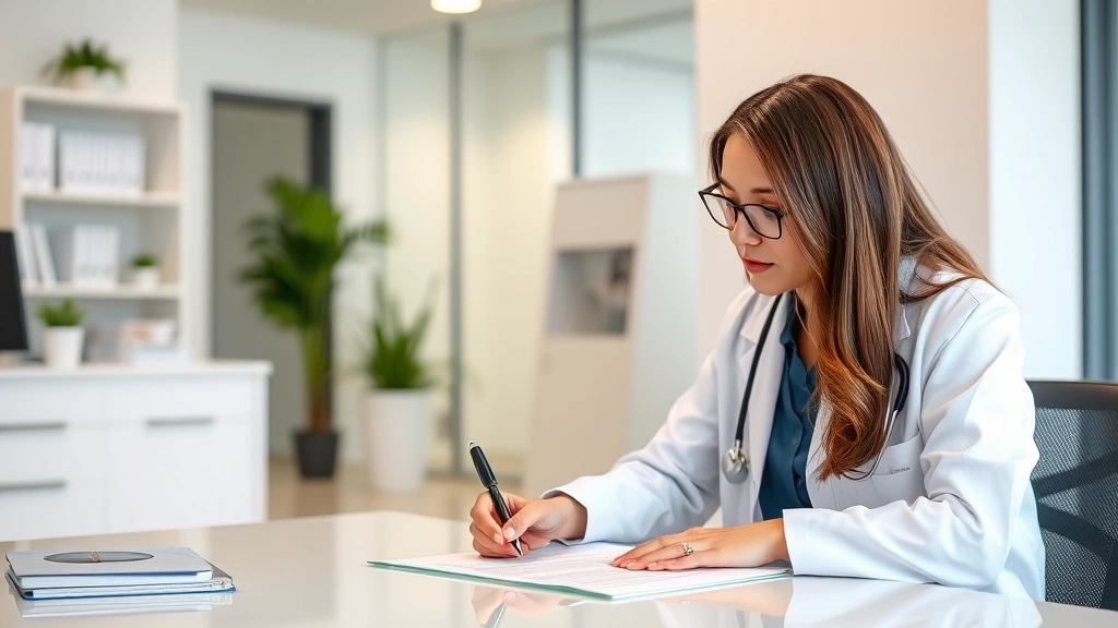 Healthcare provider in white coat writing medical documentation at desk in modern clinic office, professional environment