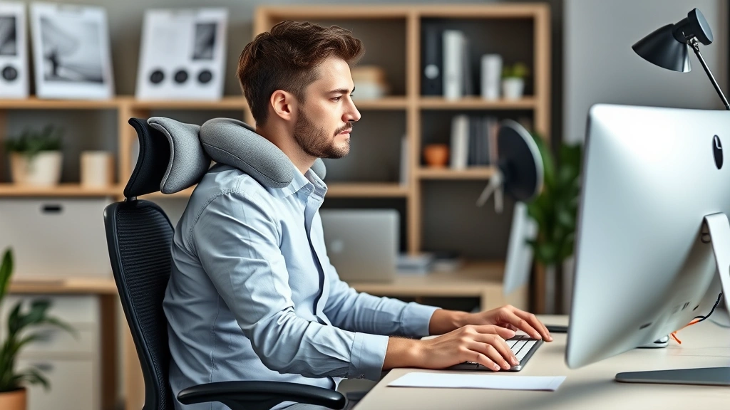 Employee at desk with ergonomic setup including lumbar support pillow and wrist rest, comfortable workspace arrangement