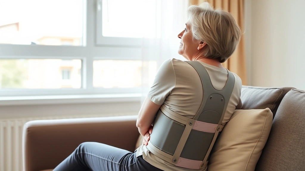 Mature woman with medical brace on lower back sitting on apartment couch with supportive pillow looking at ground floor windo