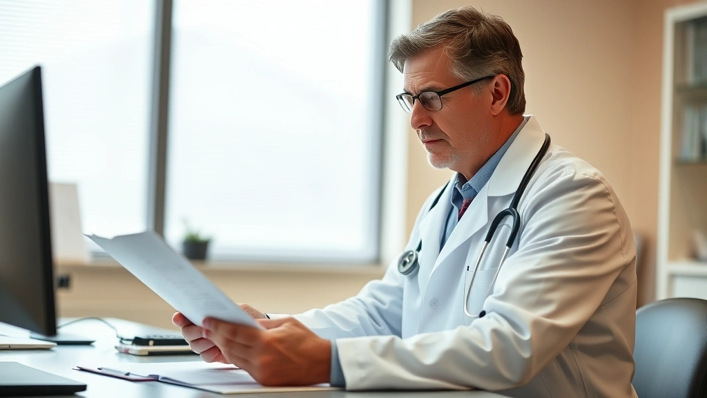 Doctor in white coat reviewing medical document at desk with stethoscope visible, professional clinic setting with warm light