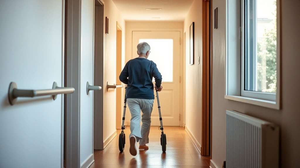 Person using mobility aid walking down ground floor apartment hallway with accessible grab bars on wall, natural light from w