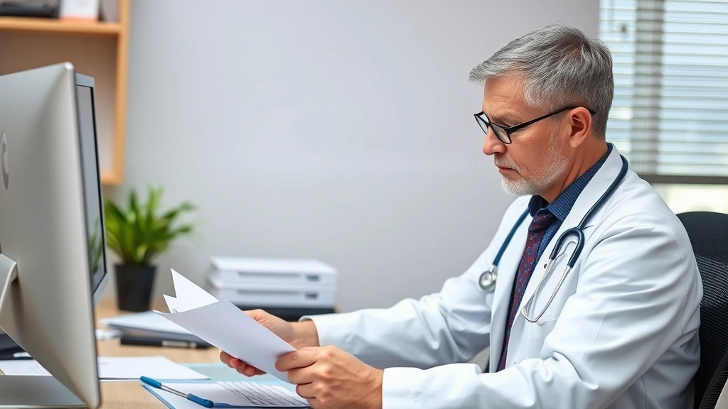 Licensed physician in white coat reviewing medical documents at desk with stethoscope and computer screen visible