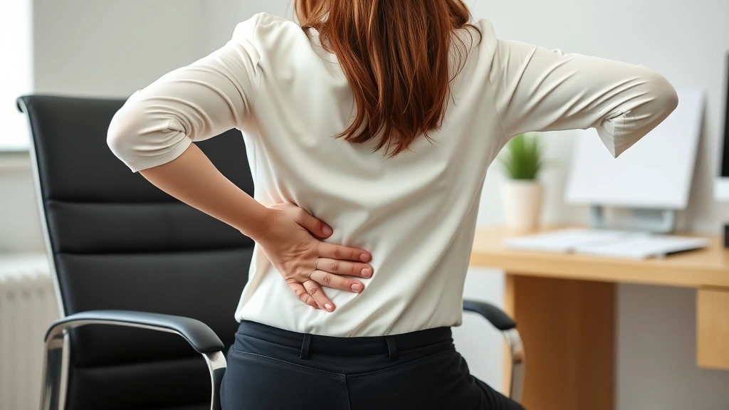 Professional woman sitting in office chair with hand on lower back showing discomfort and limited mobility