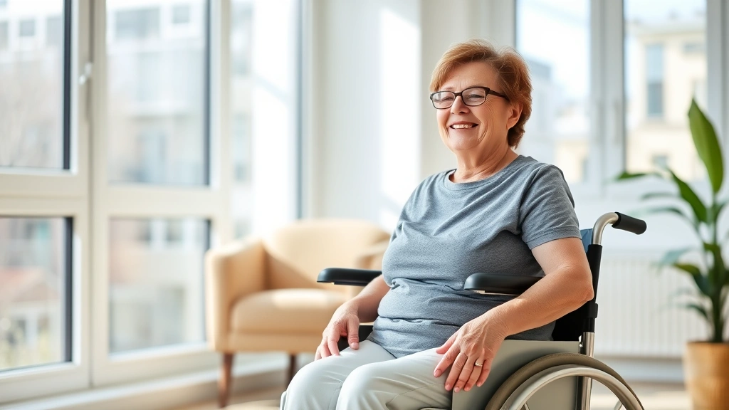 Woman with mobility limitations sitting in accessible apartment near large windows with natural light, peaceful expression, c