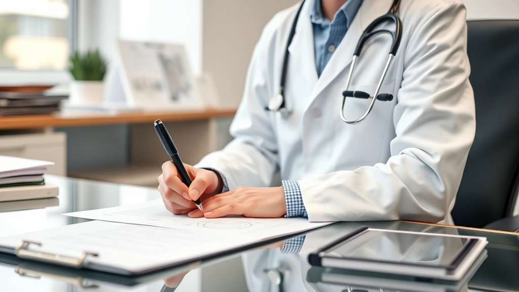 Healthcare provider in white coat writing medical documentation at desk with stethoscope visible, professional office setting