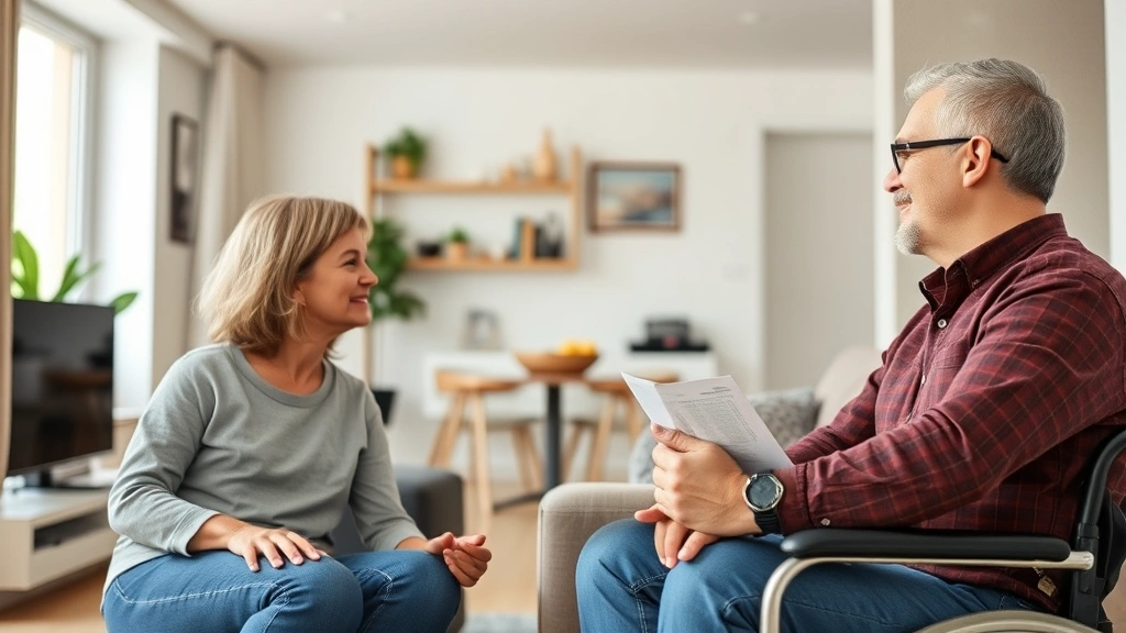 Diverse tenant and landlord having respectful conversation in modern apartment living room with accessible features visible,
